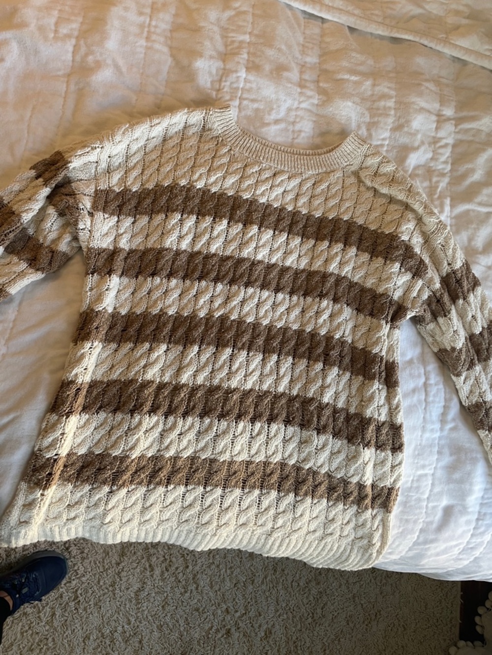 Pilcro Cable Knit Crewneck Sweater in Cream and Brown Stripes
